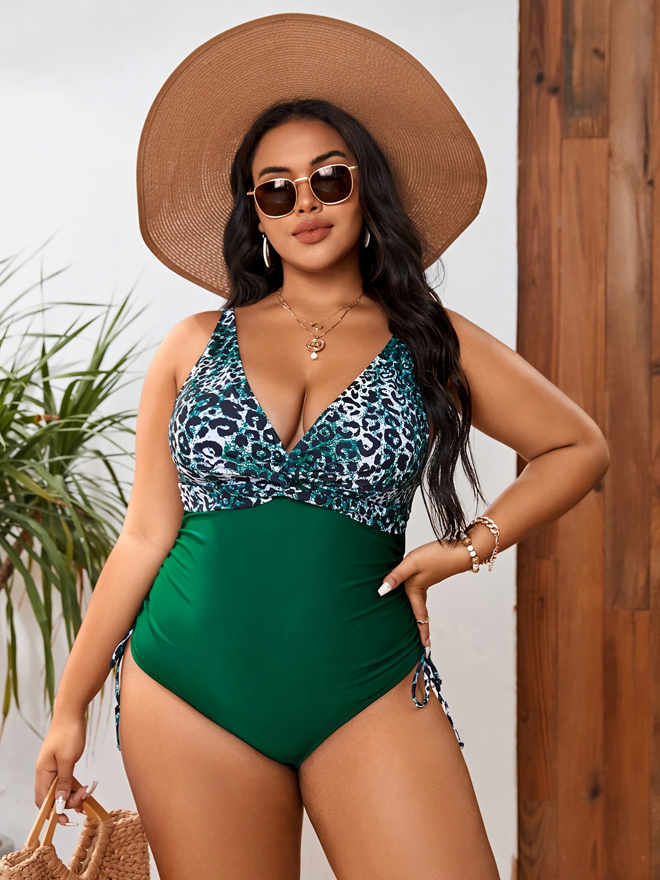 Plus Size Drawstring Side V Neck One Piece Swimsuit  Tummy Control Swimsuit